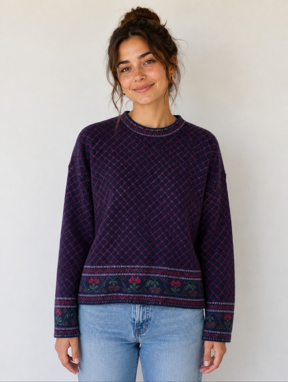 Laura Ashley Vintage Womens 100% Wool Floral Isle Knit Sweater Size M/L EUC